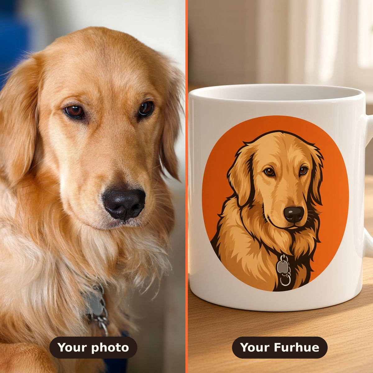 Before and after: a dog photo turned into a custom Furhue pet portrait mug