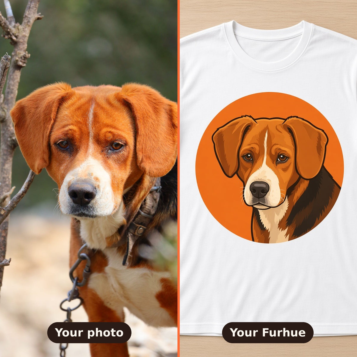 Before and after: a beagle photo turned into a custom Furhue pet portrait tee