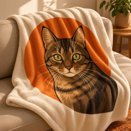 Custom pet portrait fleece blanket made from a customer's cat photo