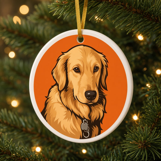 Flat round ceramic pet portrait ornament with gold ribbon hanging on a Christmas tree