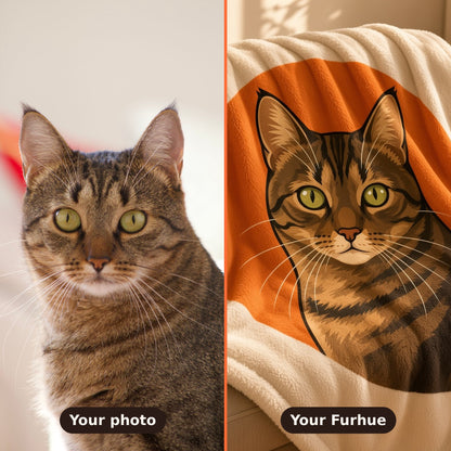 Before and after: a cat photo turned into a custom Furhue pet portrait blanket