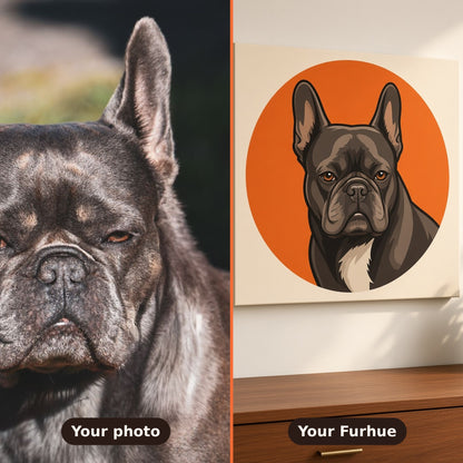 Before and after: a French bulldog photo turned into a custom Furhue canvas portrait