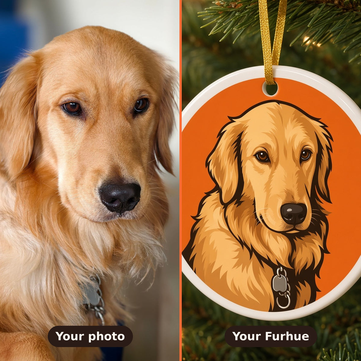 Before and after: a golden retriever photo turned into a flat round ceramic Furhue pet portrait ornament
