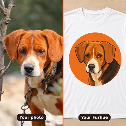 Before and after: a beagle photo turned into a custom Furhue pet portrait tee